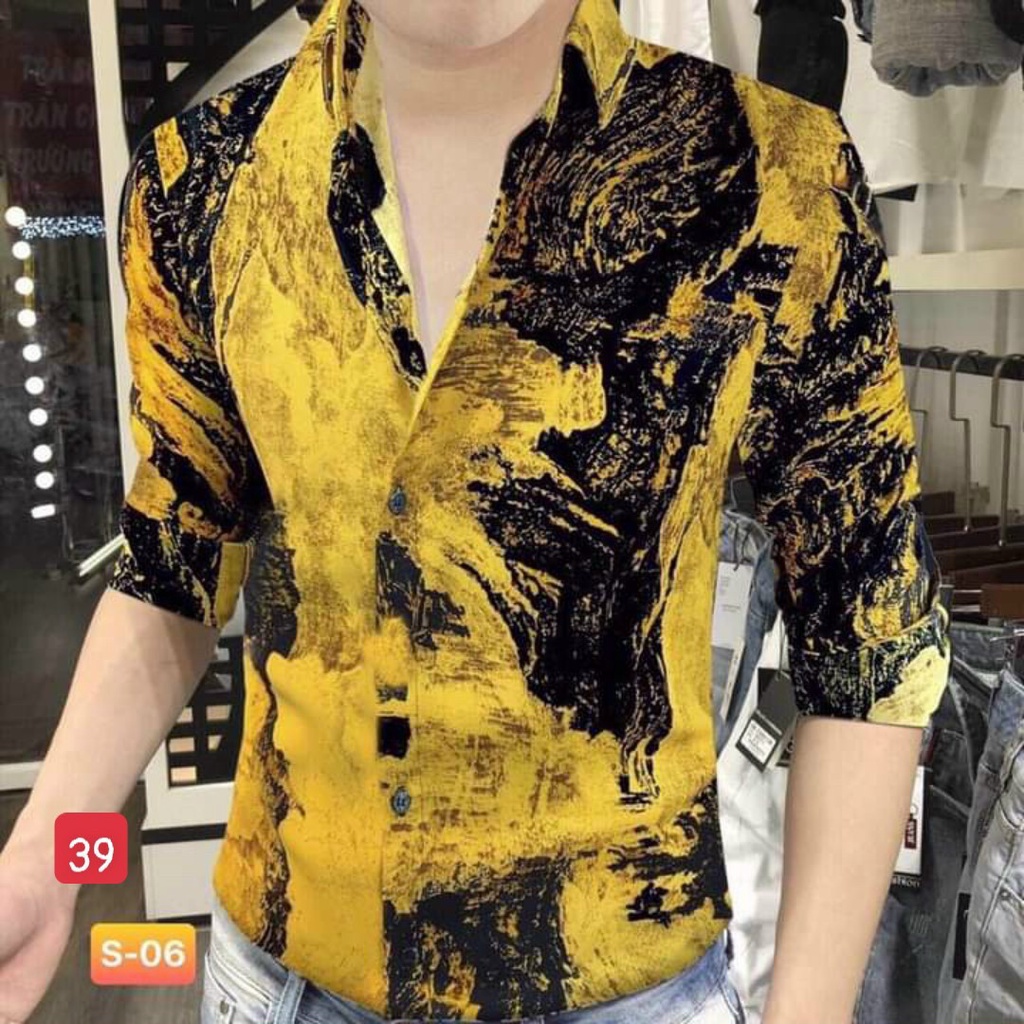 Áo Sơ Mi Nam, Áo Sơ Mi Dài Tay Hoạ Tiết, Vải Lụa Thoáng Mát, Phong Cách Thời Trang TCS