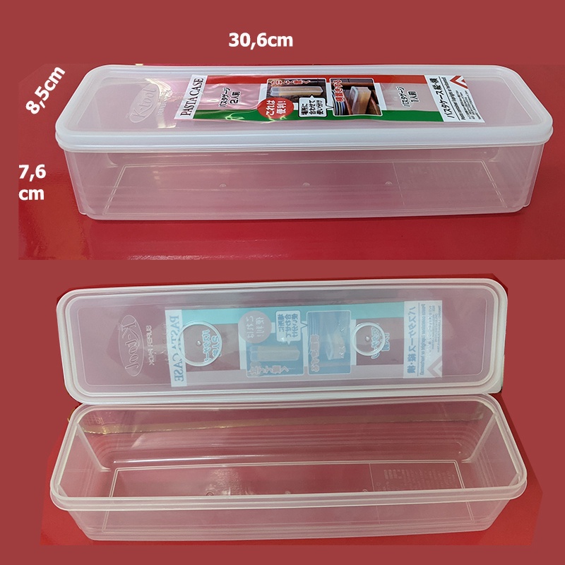 Hộp nhựa dài nắp dẻo kín hơi; dùng đựng mì ống, hay muỗng đũa. 30,6x8,5cm cao 7,6cm; sx tại Nhật. D487