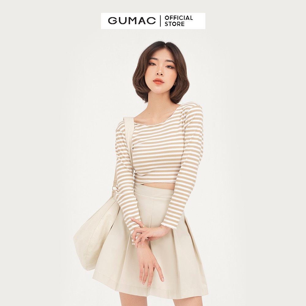 Áo thun nữ croptop tay dài GUMAC họa tiết sọc ngang ôm body ATB412