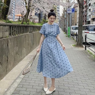 Đầm blue bi xanh đen thắt eo (kèm hình thật)
