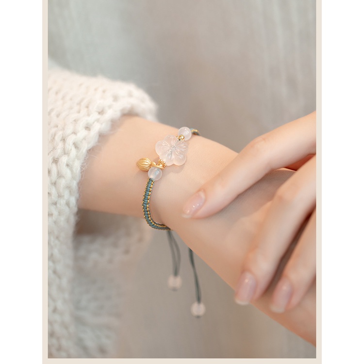 [Hàng Mới] Vòng Tay Dây Bện Đính Đá Mã Não Trắng Phong Cách Retro