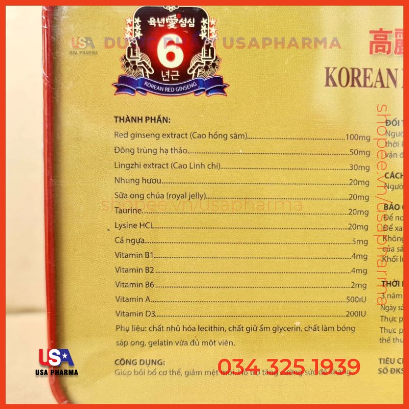 Viên bổ Korean Red Ginseng Extract Gold giúp bồi bổ cơ thể, ăn ngủ ngon, cho người suy nhược cơ thể - Hộp 60 viên | USA