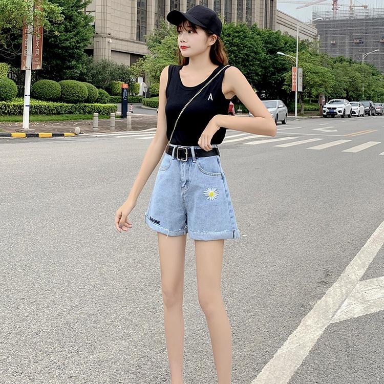 Quần Short Denim Lưng Cao Thêu Hoa Thời Trang Cho Nữ