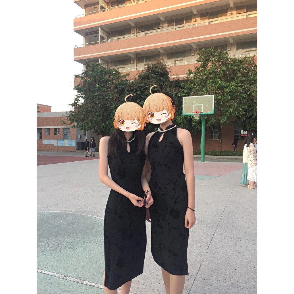 ♥️Đầm,Váy Sườn Xám Hoa Đen Cổ Yếm Đính NgọcSize S đến 2XL mimo dk