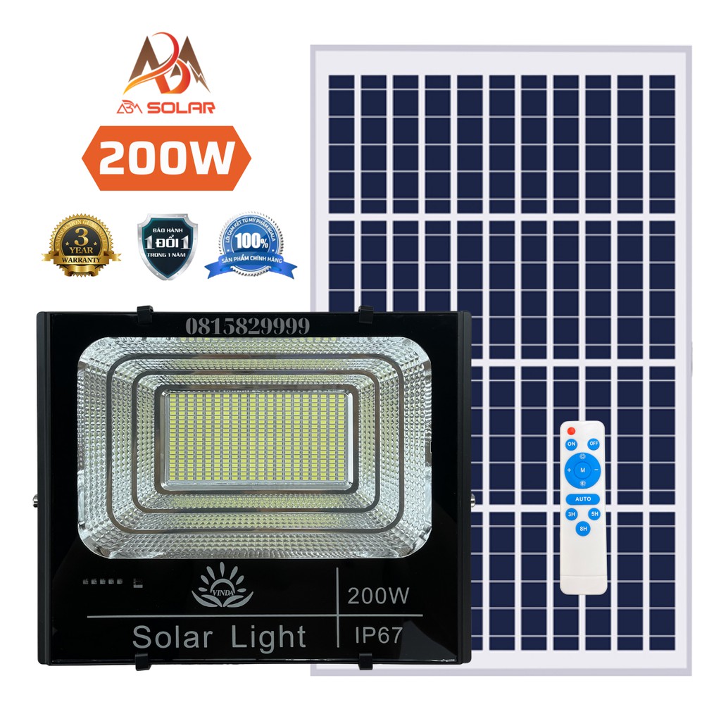 [200W] Đèn Năng Lượng Mặt Trời 200W, Đèn Pha LED, Tấm Pin Rời, Chống Nước , Kính Cường Lực Solar Light VinDa - ABM Solar