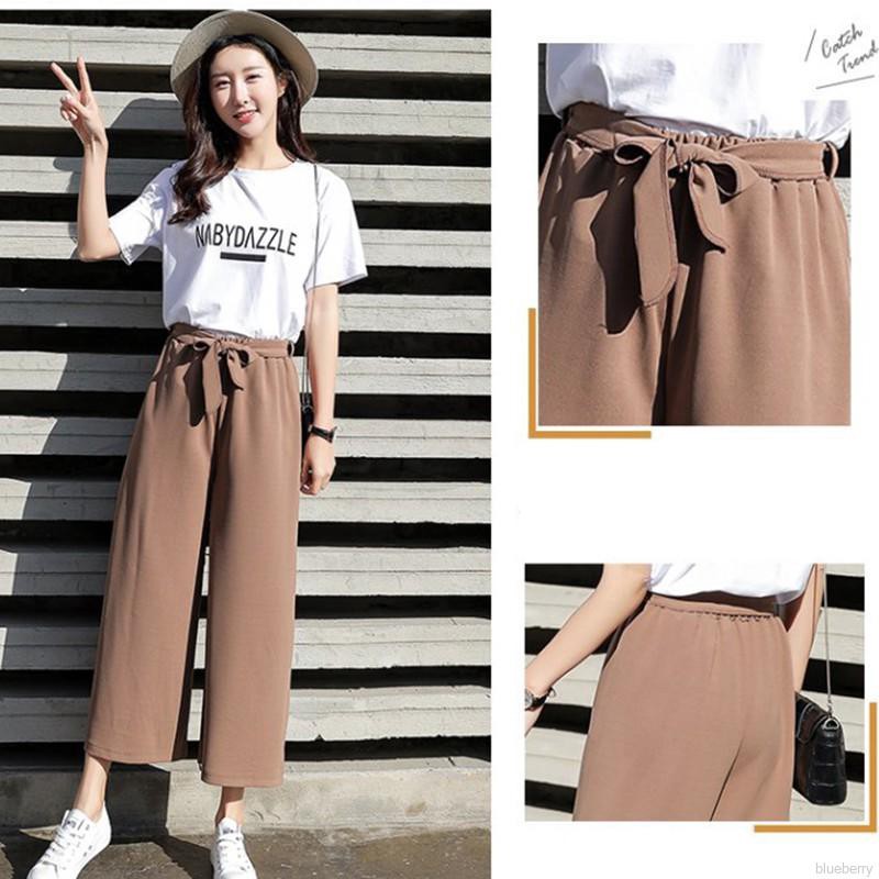 Quần ống rộng lưng cao phối nơ thiết kế màu trơn thanh lịch | BigBuy360 - bigbuy360.vn