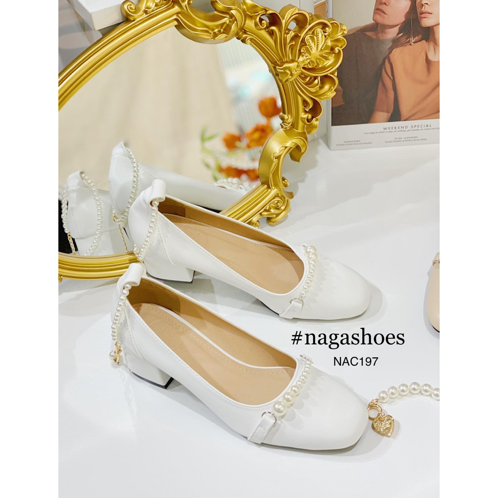 GIÀY CAO GÓT NAGASHOES QUAI NGỌC TRAI NHÂN TẠO 4CM NAC197