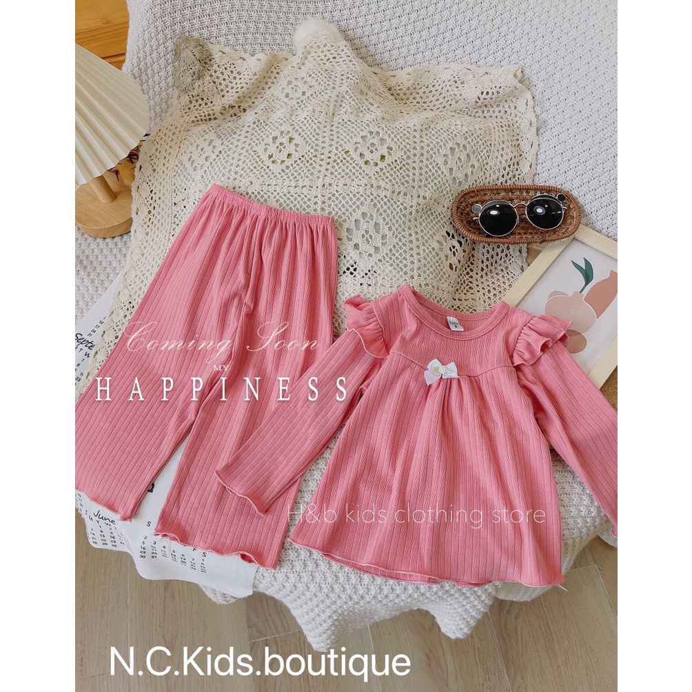 Bộ dài tay len tăm bé gái, bộ tăm đũa Quảng châu bèo vai ống rộng dáng xòe xinh xắn cho bé