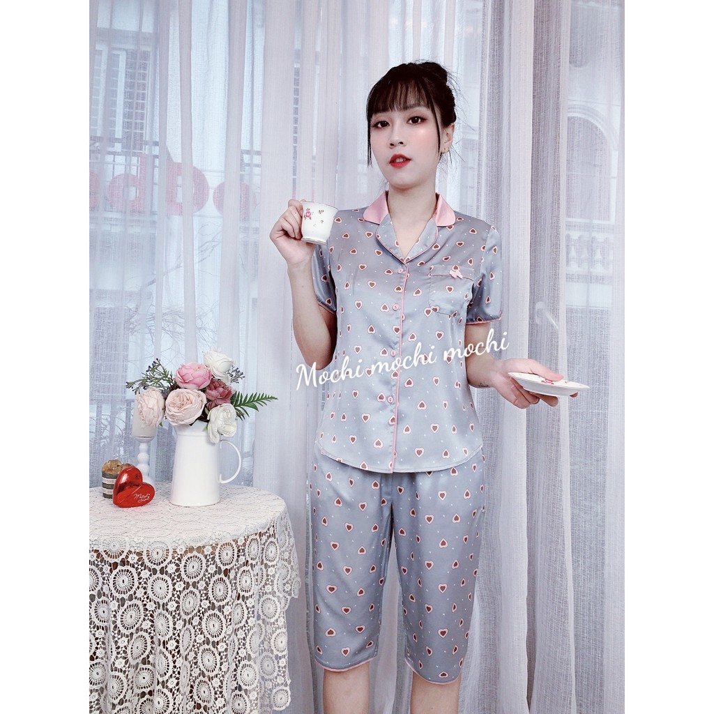 Bộ mặc nhà, bộ pijama nữ lụa Hàn hàng thiết kế cao cấp tay cộc quần lửng có đủ size A47