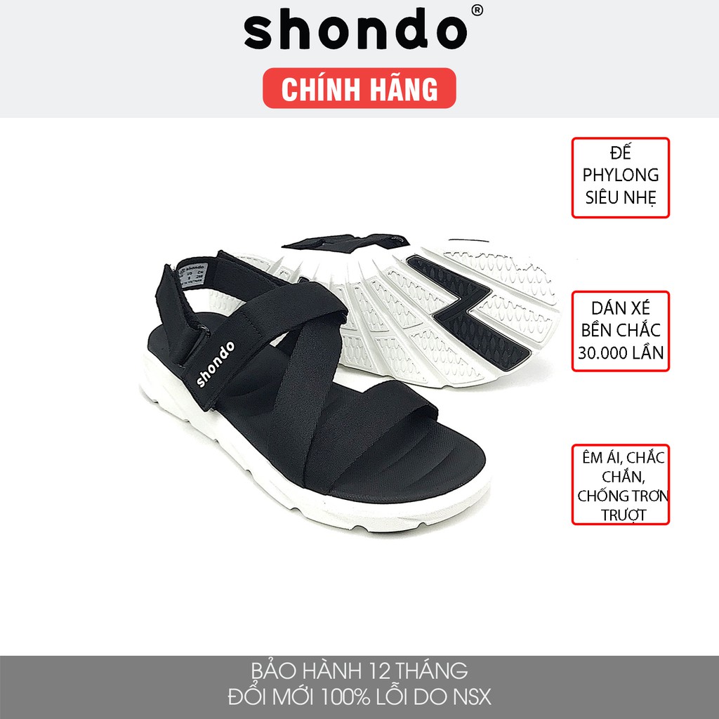 Giày sandal Shondo nam nữ đi học F6 đế bằng đen trắng F6S003