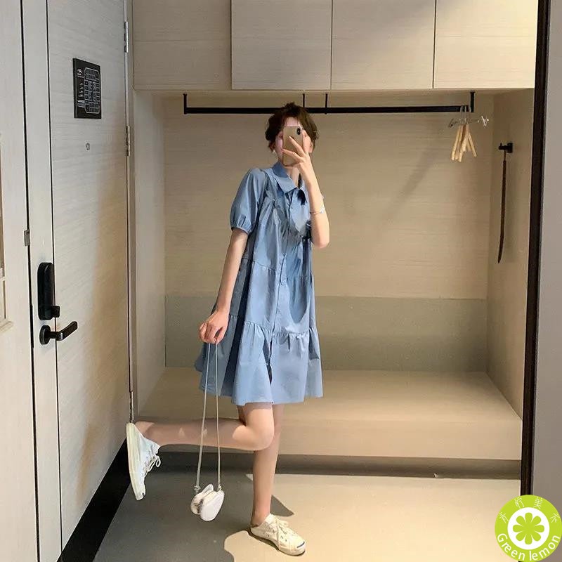 Đầm sơ mi tay ngắn phồng xếp ly dáng rộng thời trang sành điệu cho nữ