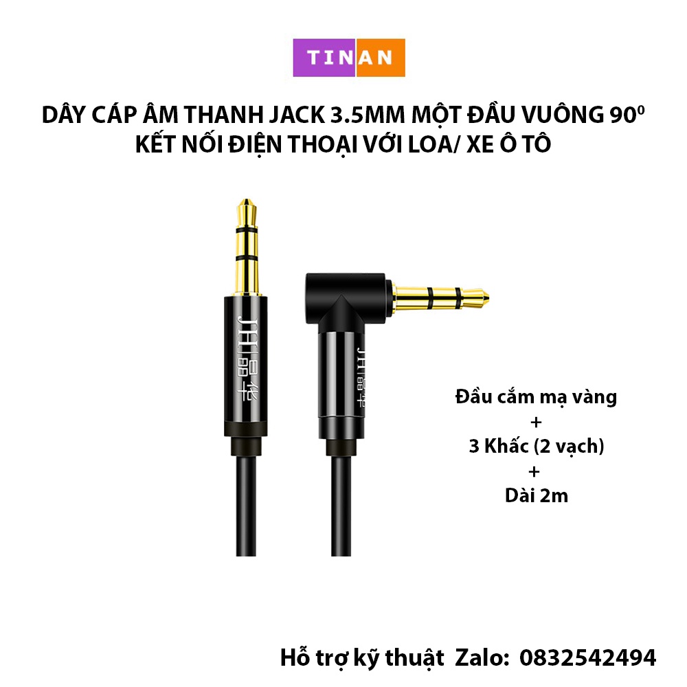 Dây Cáp Âm Thanh 2 Đầu Jack 3.5mm, Một Đầu Vuông 90 Độ, 3 Khấc (2 Vạch), Dùng Kết Nối Điện Thoại Với Loa/ Xe Ô Tô