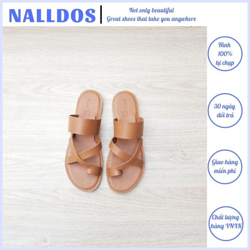 Dép xỏ ngón quai chéo bản ngang NALLDOS Quai da Microfiber đế bằng 4 màu ( Đen, Trắng, Bò, Xám)