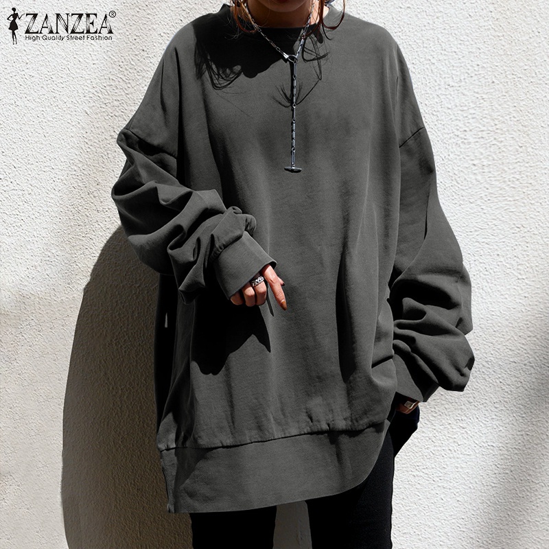 Áo sweatshirt ZANZEA tay dài màu trơn cổ tròn dáng rộng thoải mái dành cho nữ