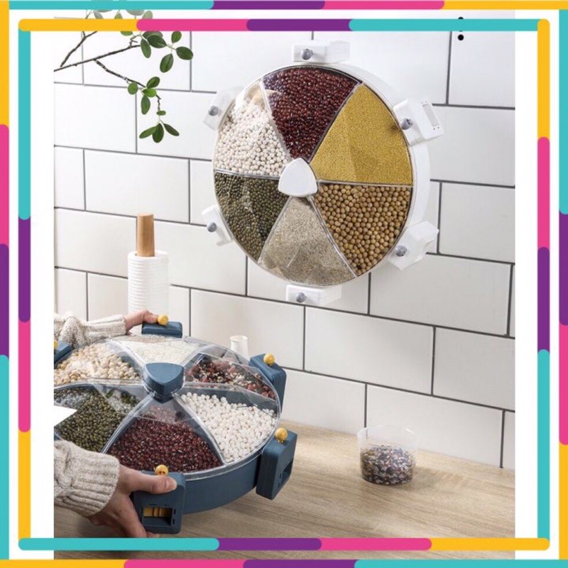 Hộp đựng ngũ cốc, gia vị treo tường 6 ngăn xoay tròn có nút ấn tiện lợi