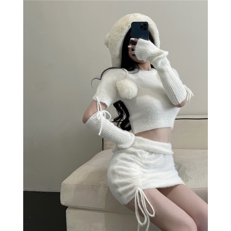 Set áo croptop tay ngắn kèm bao dài lông ấm thu đông noel giáng sinh len + váy ôm lưng cao dây rút cột ulzzang trắng kem