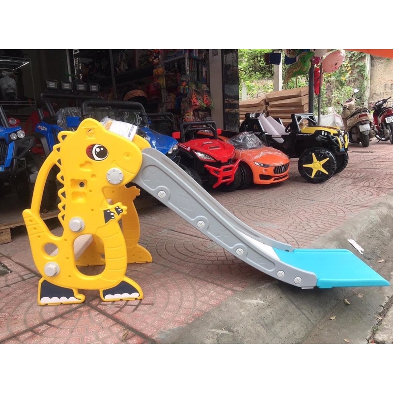 Cầu trượt cho bé, cầu trượt khủng long phù hợp cho bé từ 1-7 tuổi tặng kèm giỏ bóng rổ và gấu phát nhạc