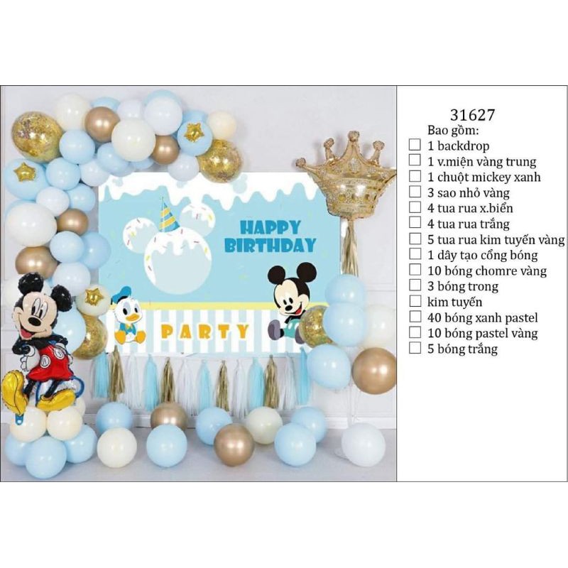 (KÈM BACKDROP) SET BÓNG SINH NHẬT CHUỘT MICKEY CHO BÉ THÔI NÔI 1 TUỔI