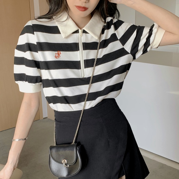 Áo thun polo SUXI tay ngắn dáng rộng họa tiết kẻ sọc đen trắng phong cách vintage thời trang dành cho nữ