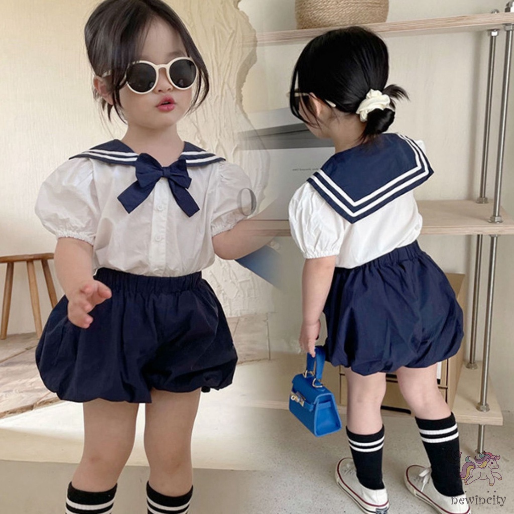 Set Áo Thủy Thủ Tay Ngắn + Quần Short Năng Động Thời Trang Hè Phong Cách Hàn Quốc Cho Bé Gái