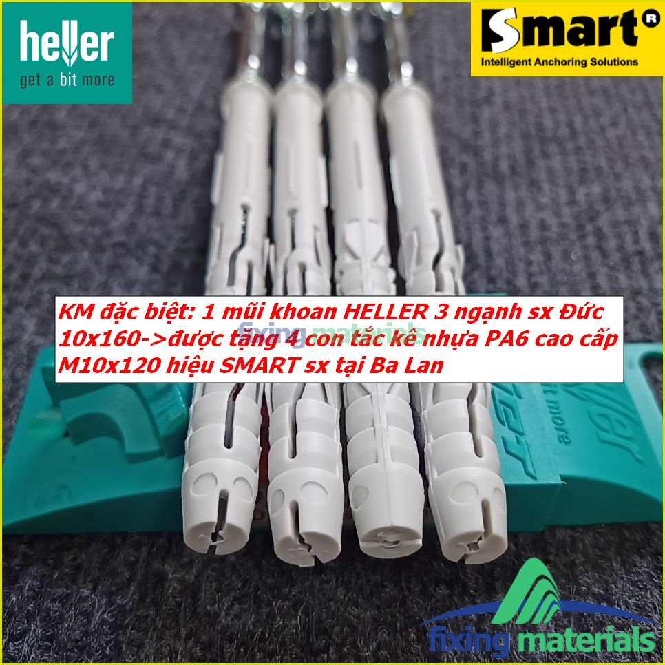 KM đặc biệt: Mũi khoan HELLER 3 ngạnh 10x160 tặng 4 con tắc kê cao cấp M10x120 kèm vít hiệu SMART, nhập khẩu EU