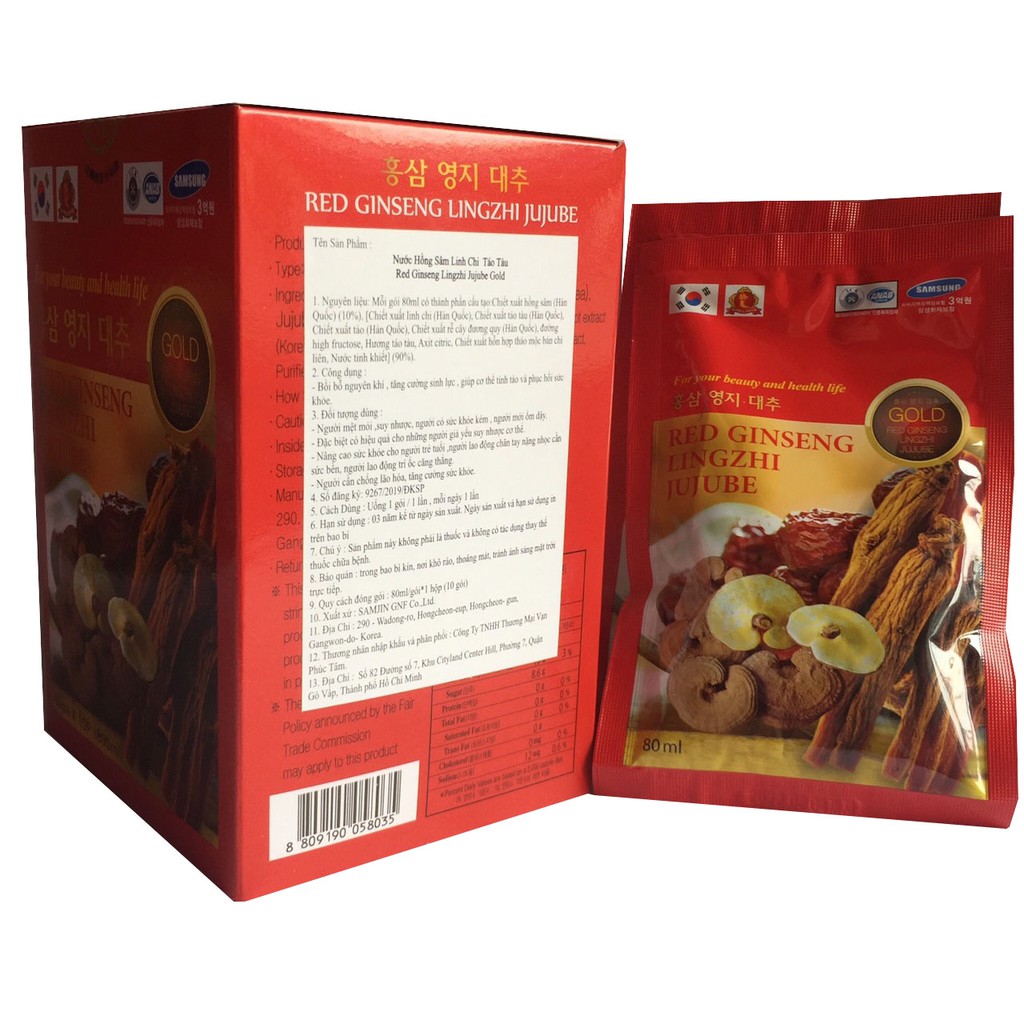 Nước hồng sâm Linh chi Táo đỏ 10 gói x 80ml-RED GINSENG LINGZHI JUJUBE GOLD Korea, nước linh chi Hàn Quốc, PP Sâm Yến 3A | BigBuy360 - bigbuy360.vn