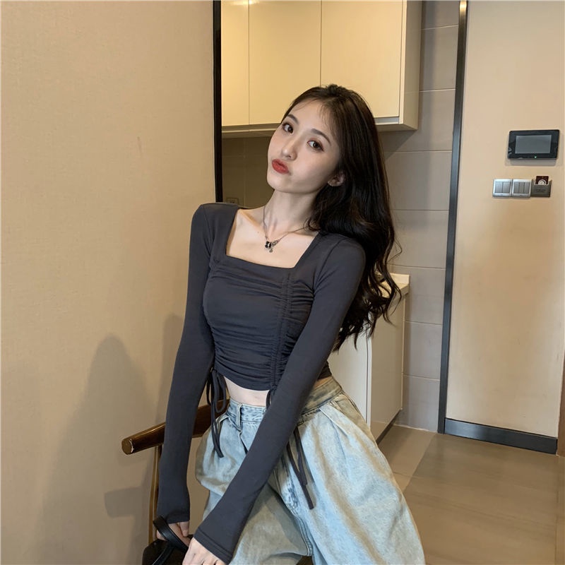 Áo thun COZOK dài tay cổ vuông thiết kế dây rút xếp ly xinh xắn