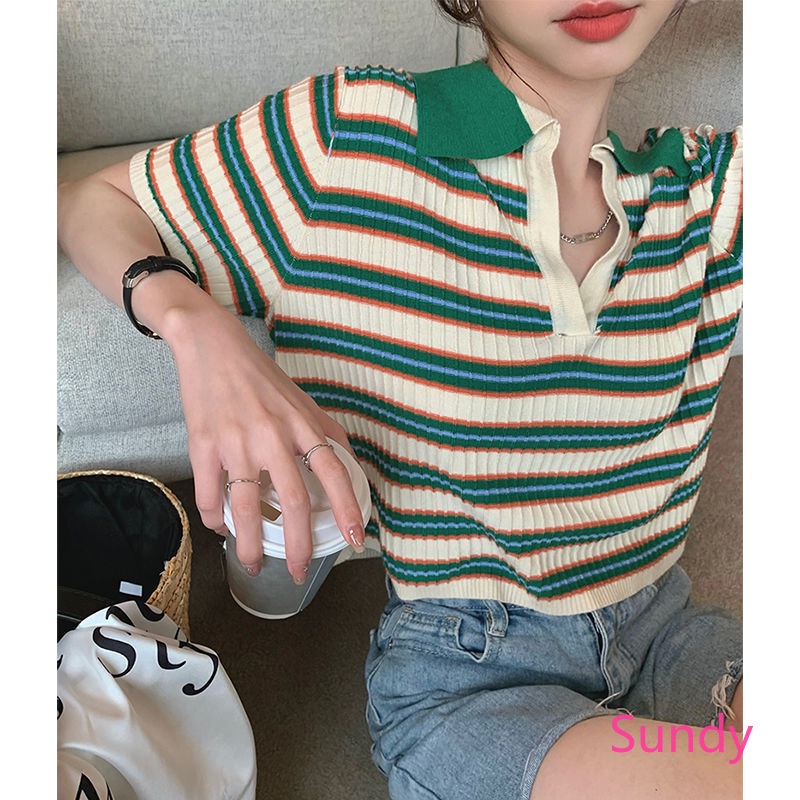 Áo Sơ Mi Dệt Kim Cổ Polo Họa Tiết Kẻ Sọc Thời Trang Mùa Hè Có Size Lớn Cho Nữ