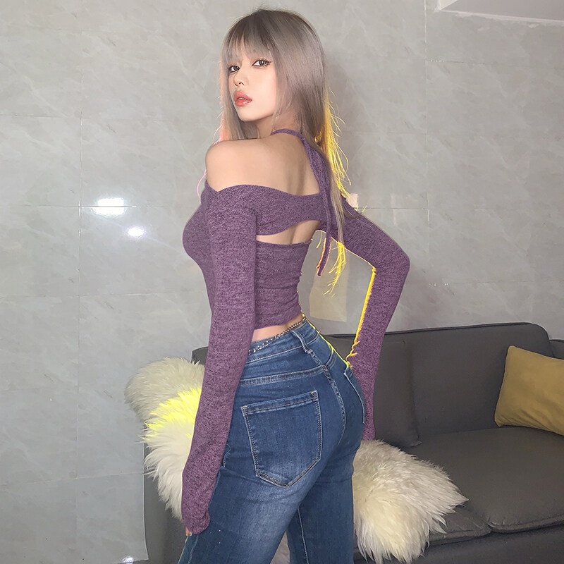 Kliou 2022 Mới Áo croptop Kliou trễ vai dài tay phong cách Pháp quyến rũ dành cho nữ