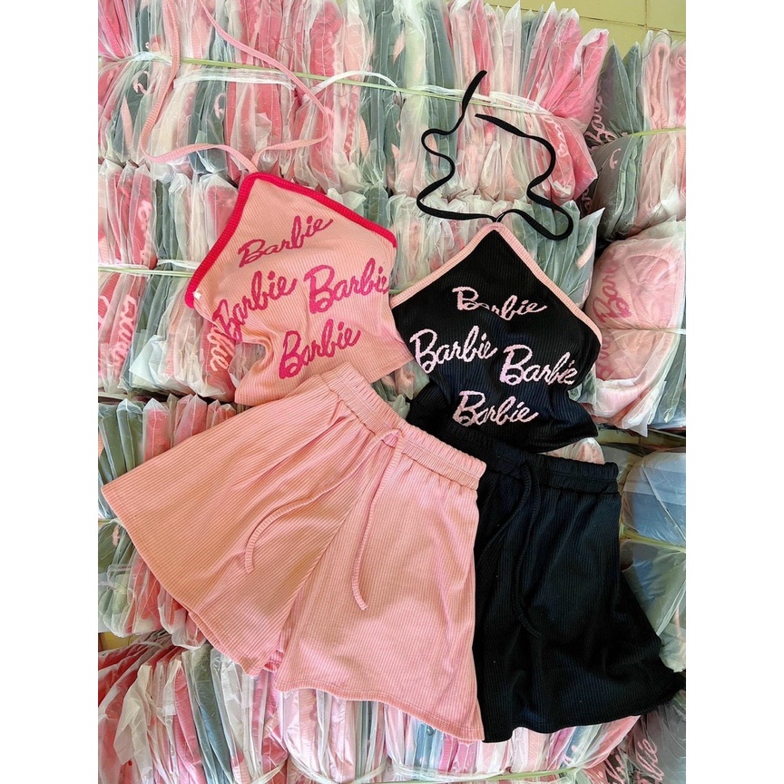 Set kiểu áo ống dây đeo cổ chữ babie mix quần đùi thun xòe hot xinh MS62