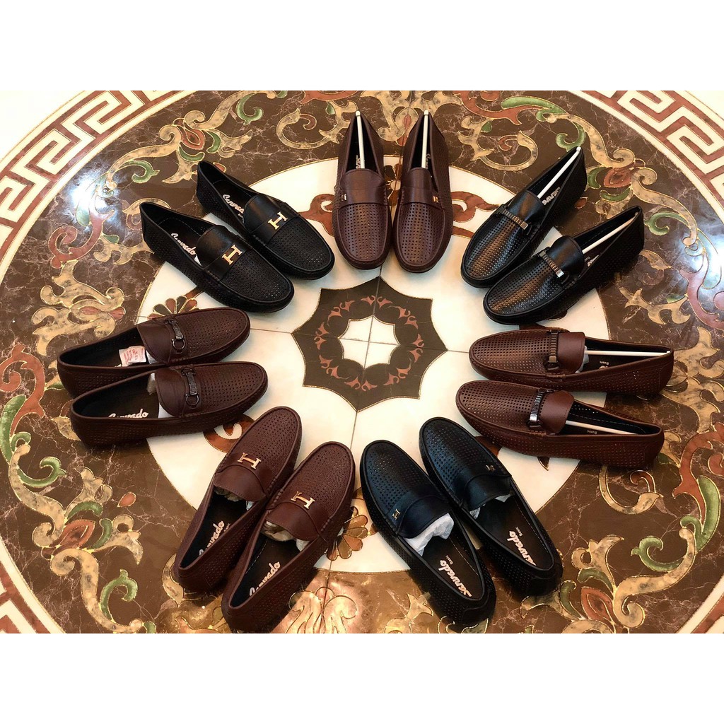 Giầy lười nam da thật đục lỗ thoáng khí mới 2020 3 màu đen nâu vàng bò