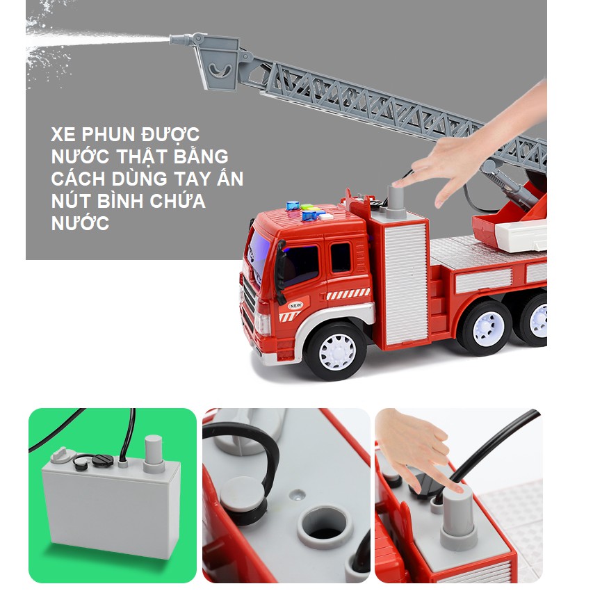 Xe cứu hỏa thang rút phun được nước đồ chơi trẻ em xe tỉ lệ 1:16 xe chạy đà có âm thanh và đèn