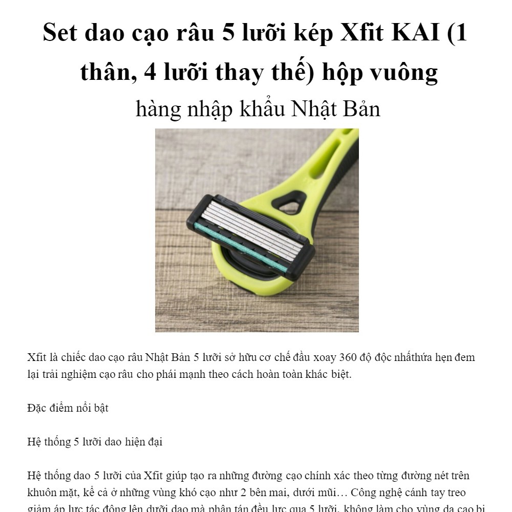 Set dao cạo 5 lưỡi kép Xfit KAI xoay 360 độ 1 thân, 4 lưỡi thay thế hàng nội địa Nhật