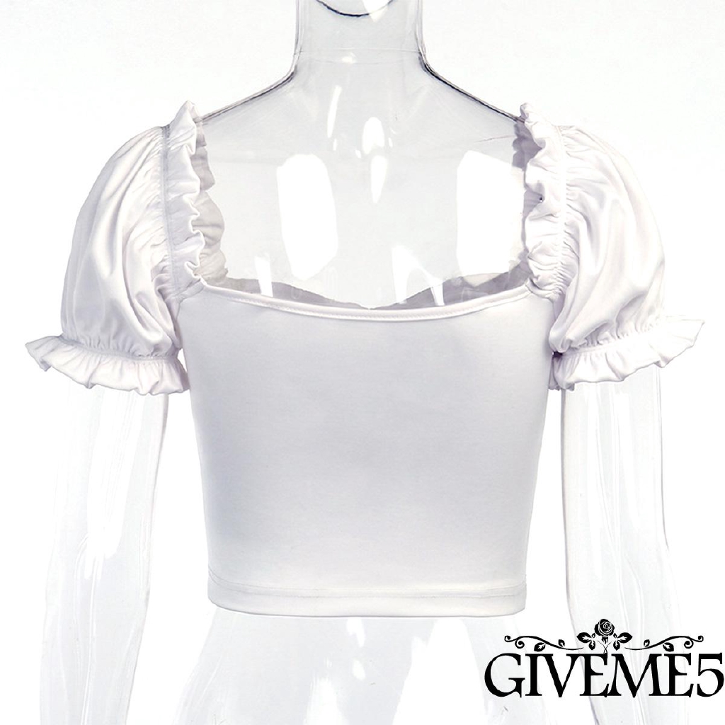 Áo Croptop Tay Ngắn Phối Bèo Màu Trơn Thanh Lịch