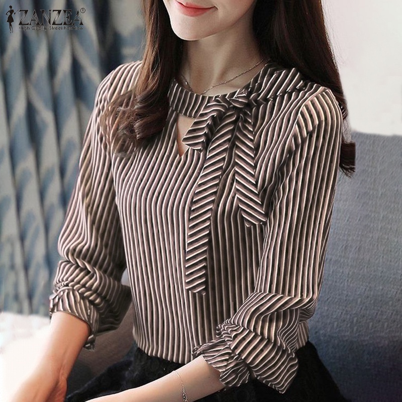 Áo ZANZEA thiết kế cổ tròn họa tiết sọc dáng ôm thời trang dành cho nữ