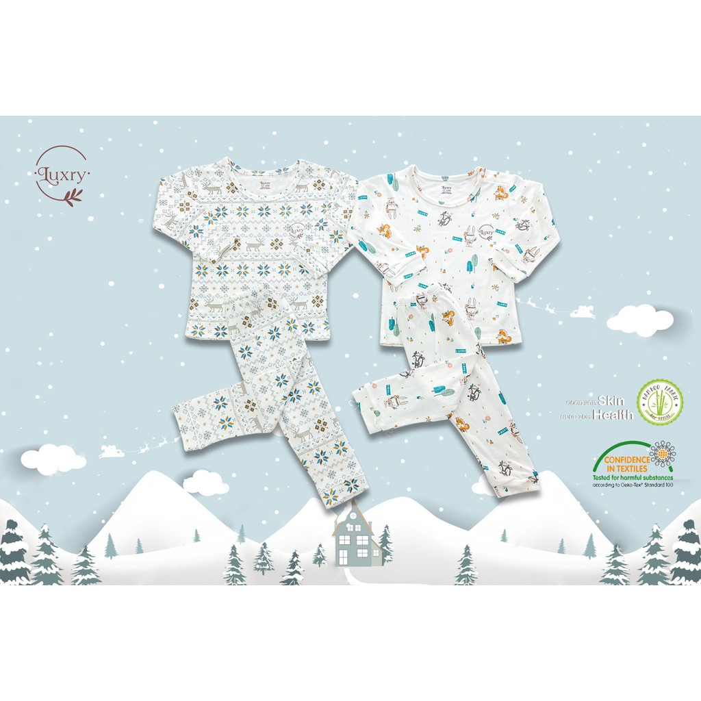 Bộ quần áo dài tay thu đông vải sợi tre 2 lớp siêu mềm mịn, ấm áp họa tiết dễ thương nhà Luxry cho bé