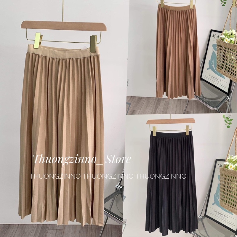 [Ảnh thật/Video] Chân váy midii xếp li nhẹ nhàng tiểu thư Chân váy dài chun eo Quảng Châu