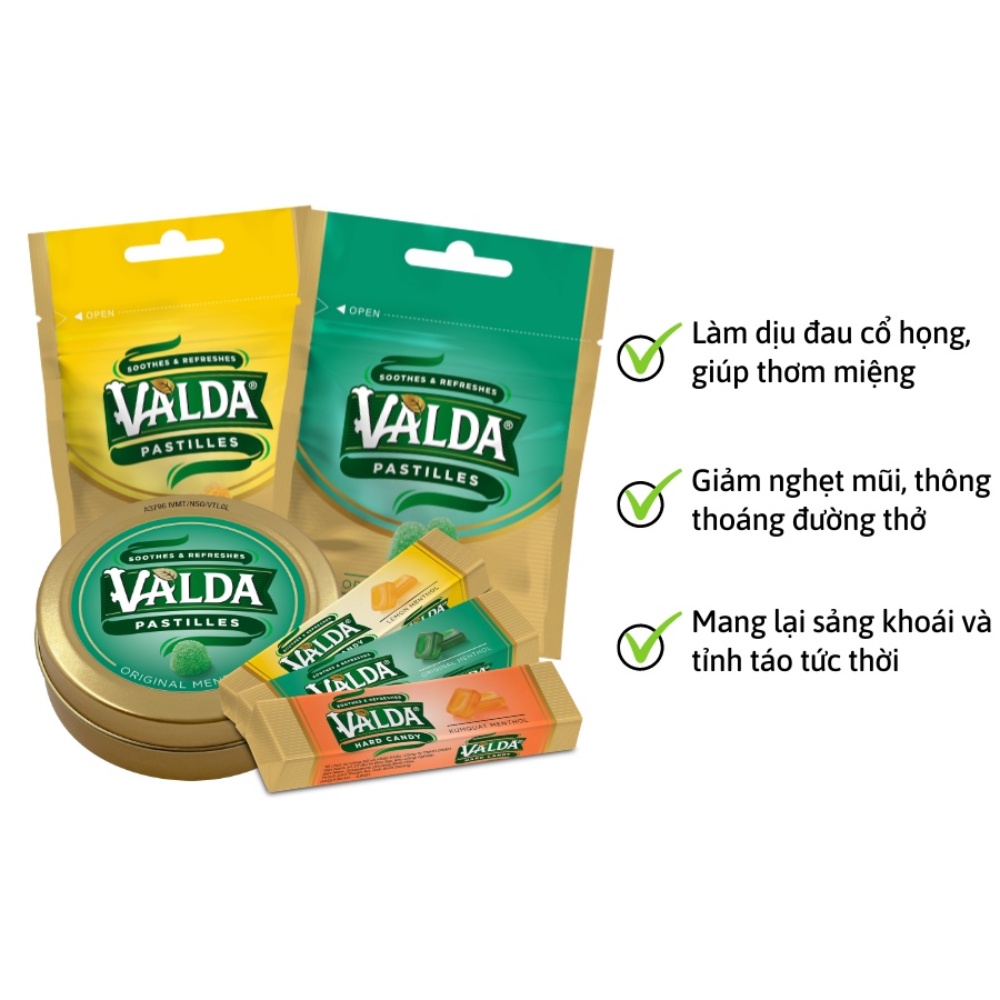 Combo 1 hộp kẹo ngậm Valda 50 viên/hộp và 3 gói kẹo dẻo Valda 20 viên/gói và 3 thanh kẹo Valda Hardy các vị