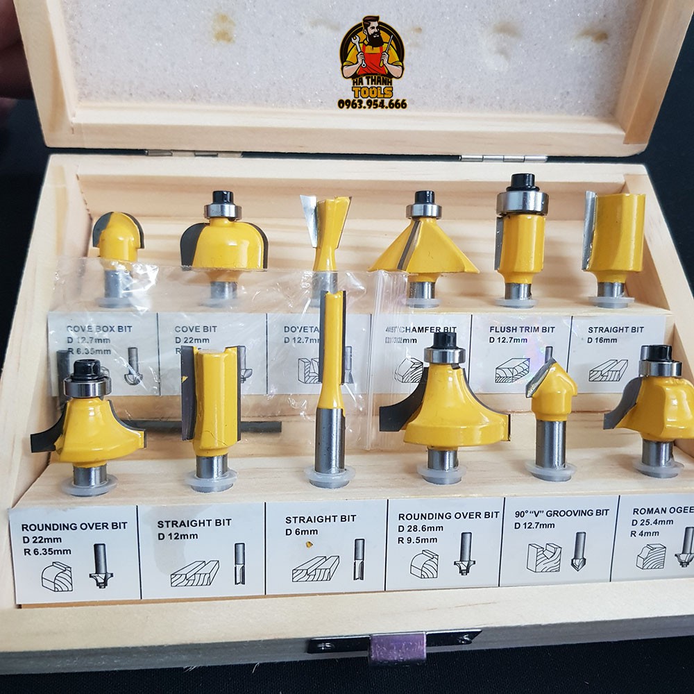 Bộ Mũi Phay Gỗ - Mũi Soi Gỗ 12 Món Loại Tốt - Điêu Khắc Họa Tiết, Cắt Cạnh, Tạo Viền Hoa Văn Đẹp Mắt