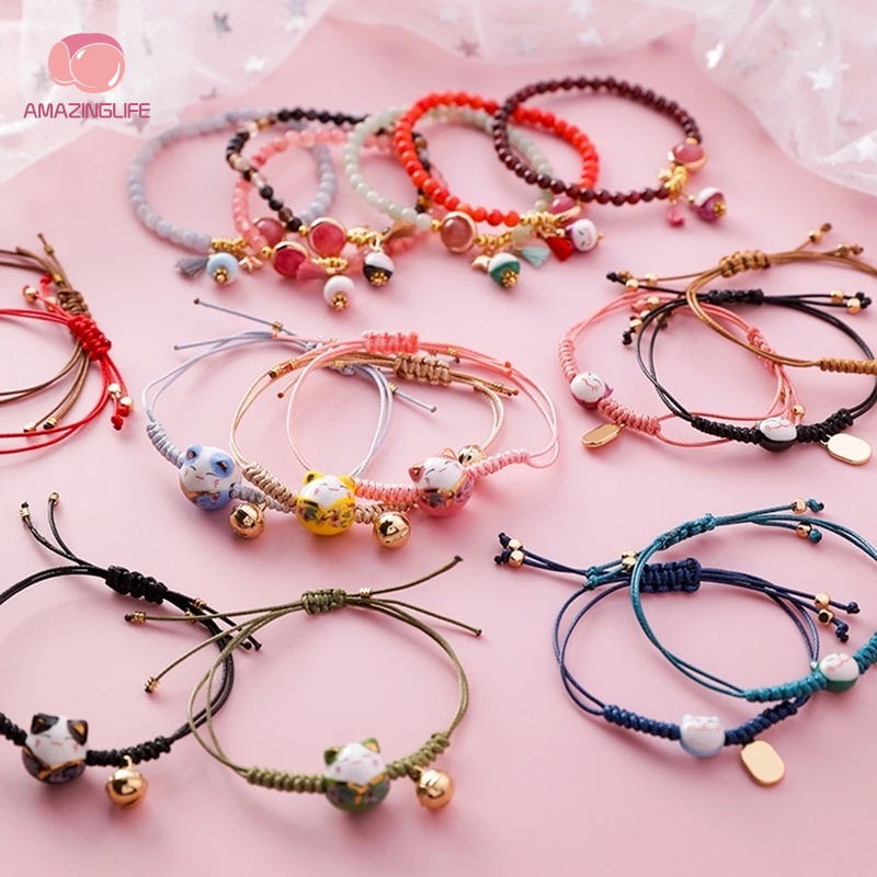 Vòng Tay Bện Dây Đỏ Đính Hạt Và Tua Rua Hình Mèo Dễ Thương Đơn Giản Làm Bằng Thủ Công Thời Trang Cho Cặp Đôi