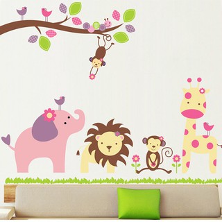 Decal dán tường voi,sư tử, khỉ, hươu
