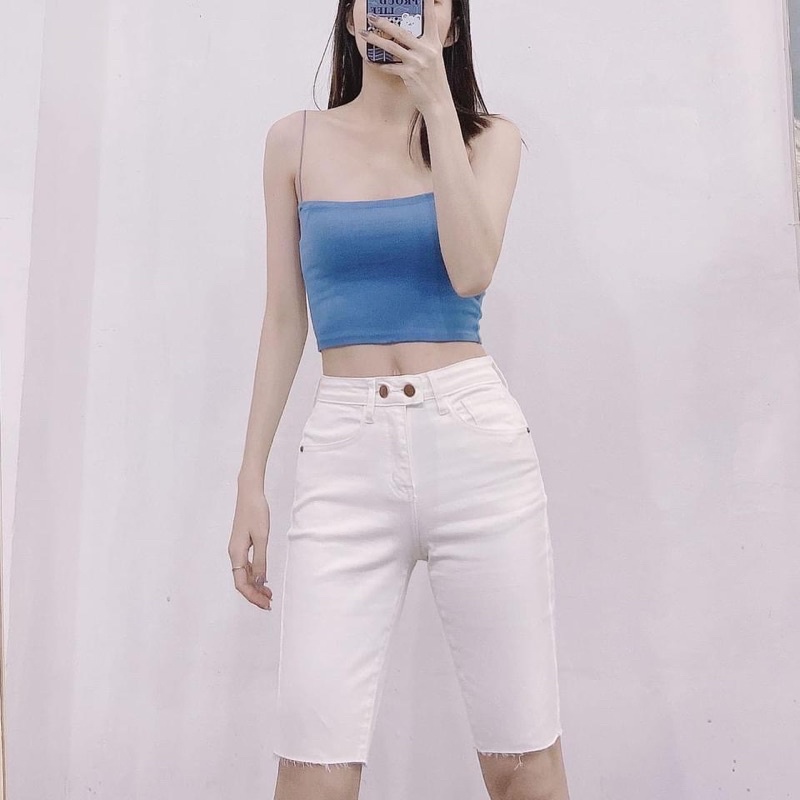 Quần short ngố trơn 2 nút lai cắt trắng/đen