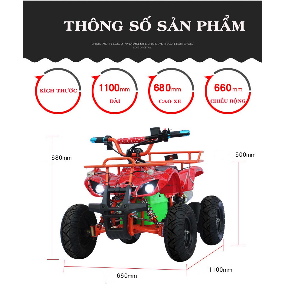 Xe ATV 36 V - 800W, xe địa hình bốn bánh, đi biển, led 7 màu