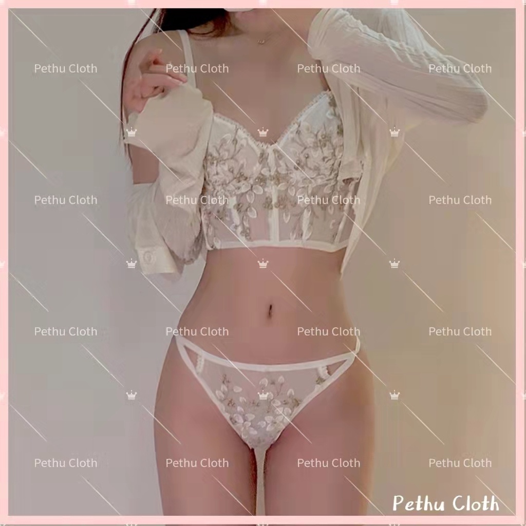 ( Q1,HCM）Sexy Áo lót ren nữHàn Quốc Bralette Có Gọng Nâng Ngực Cúc Giữa Mềm Phối Quần Lọt Khe Lacy Bra