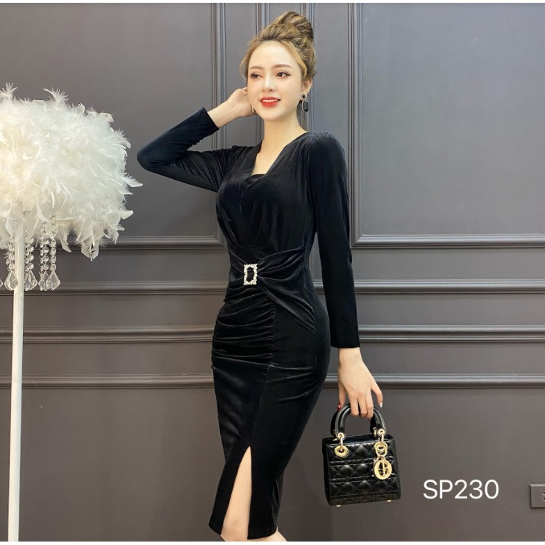 CRYS Váy nhung body đai đá eo tôn dáng, váy công sở cổ V quyến rũ SP230 | BigBuy360 - bigbuy360.vn