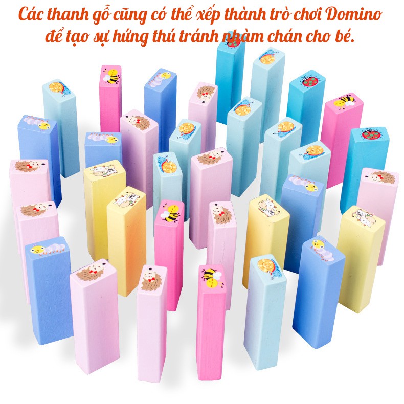 Bộ đồ chơi rút gỗ domino 51 thanh nhiều màu in hình động vật, đồ chơi gỗ thông minh an toàn phát triển trí tuệ cho bé