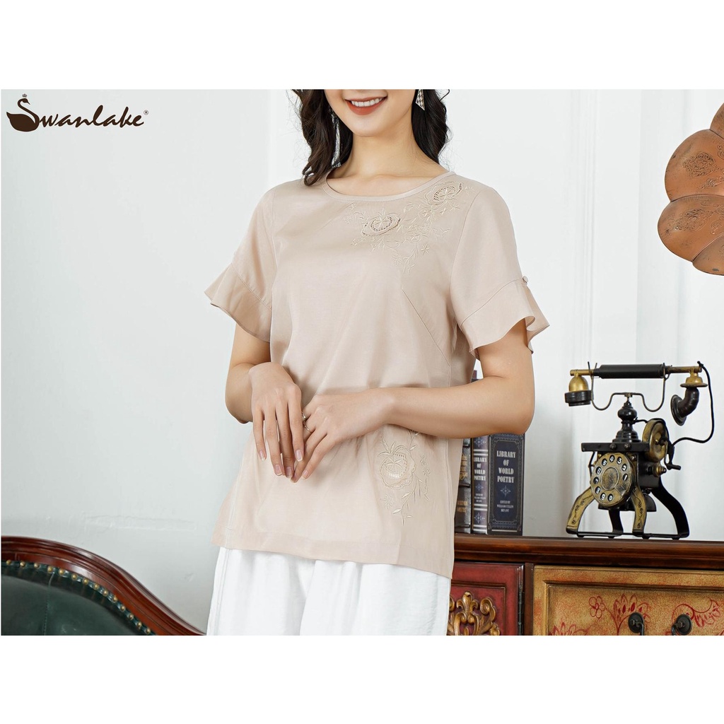 SWANLAKE | Áo Nữ Trung Niên Thiết Kế Thêu Hoa Đắp Lưới Sang Trọng Chất Lụa Taffta Cao Cấp - MÃ: A09768LW01