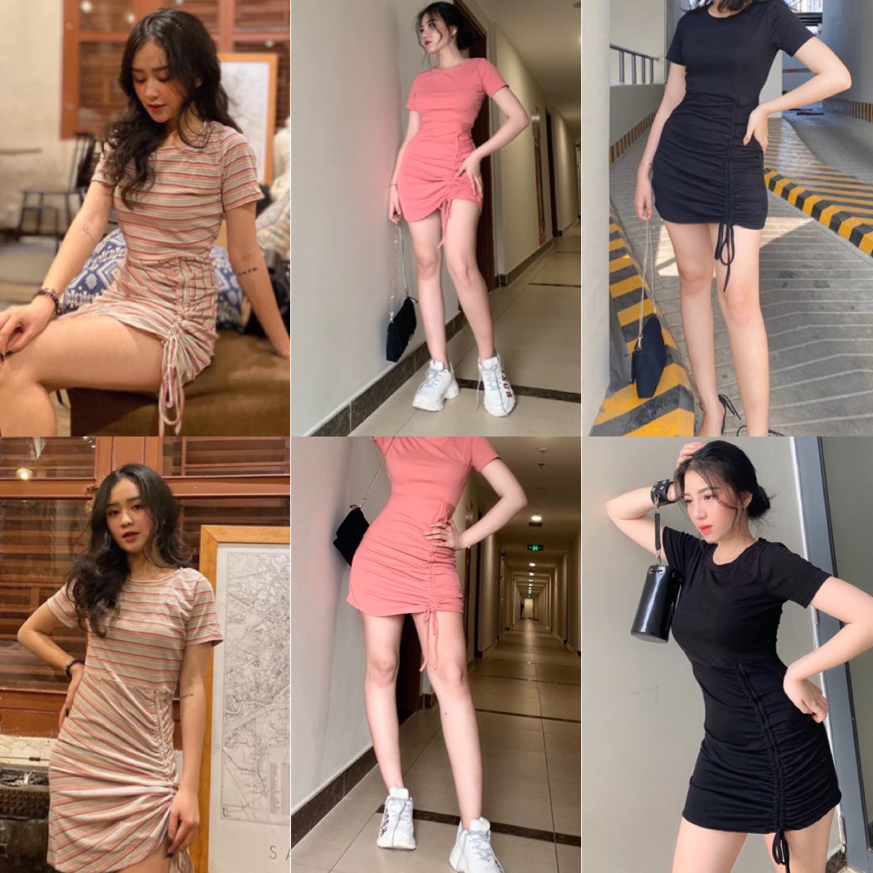 Đầm sọc kẻ ngang Rome Dress thiết kế body chun rút dây chất vải thun gân co giãn - váy ôm body