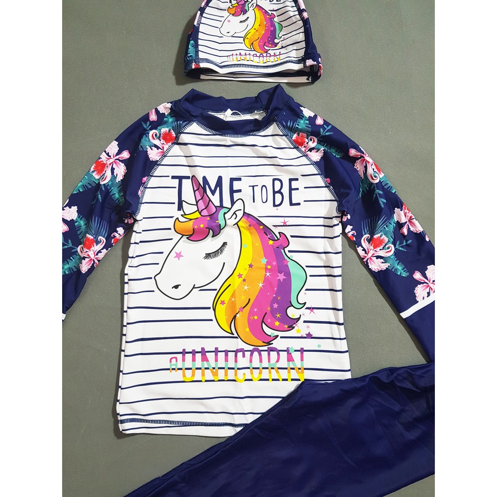 Bộ đồ bơi tay dài quần dài chống nắng ngựa pony unicorn bé gái