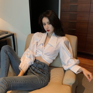 Áo sơ mi tay bồng xoắn ngực mẶc 3 kiểu
